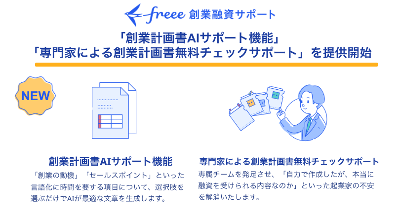 freee創業融資サポート。「創業計画書AIサポート機能」と「専門家による創業計画書無料チェックサポート」の提供開始。AI機能は選択肢を選ぶだけで創業動機などの文章を自動生成し、無料チェックサポートでは専属チームが融資の可能性をプロの視点で確認します。
