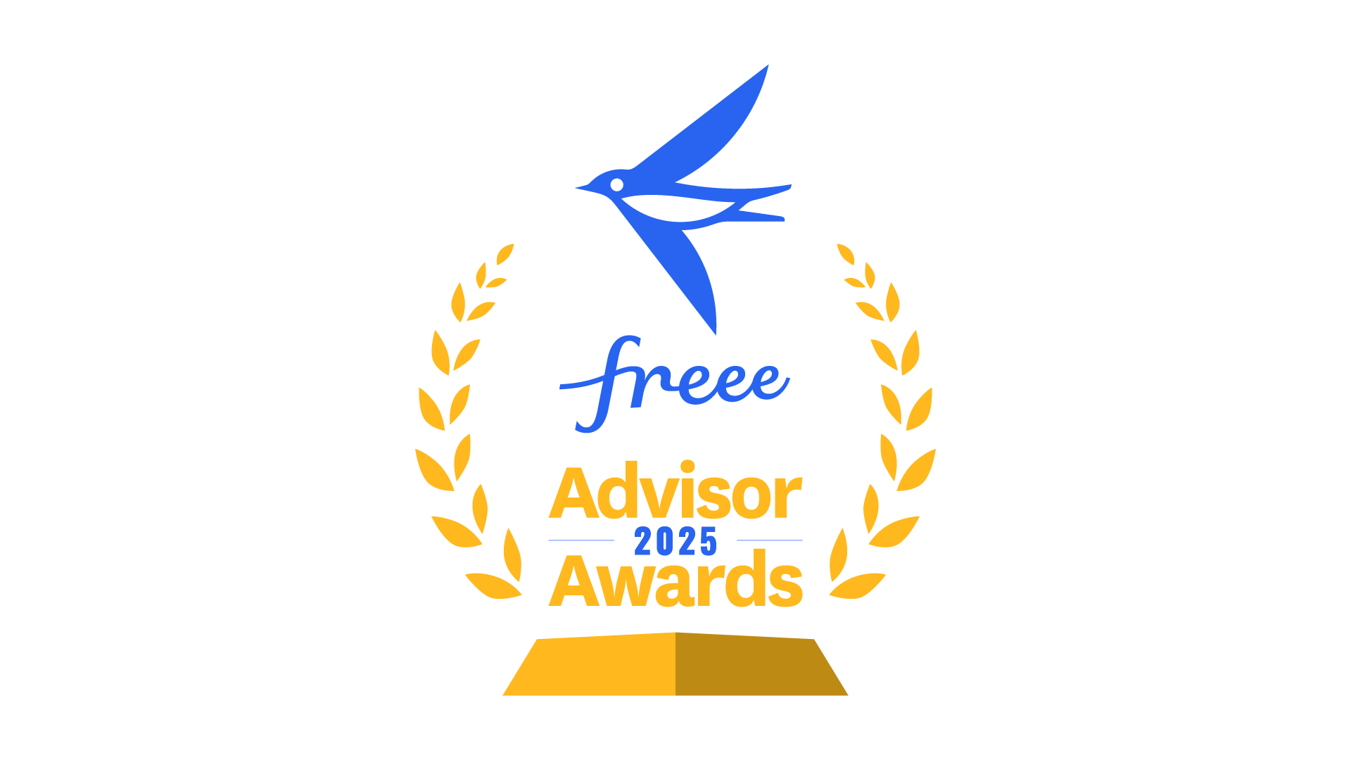 
freee Advisor Day 2025のロゴ。青い鳥のfreeeロゴと、月桂樹のリース、そして「freee Advisor Day 2025 Awards」の文字、さらにその下には金色のトロフィーの台座が描かれている。