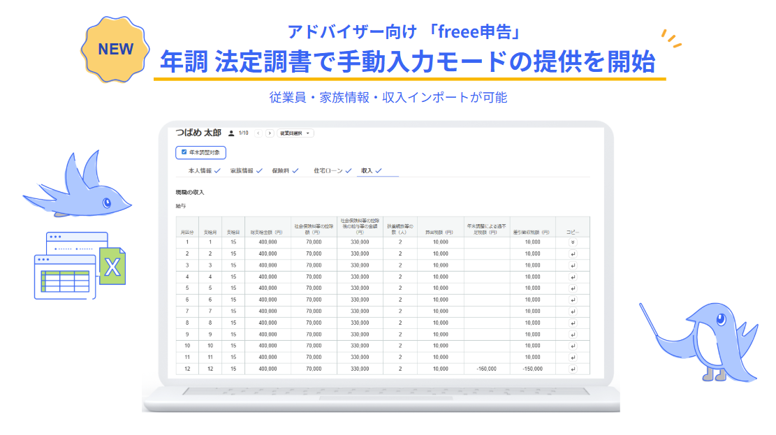 freee申告のアップデート情報。年調・法定調書で「手動入力モード」の提供を開始。従業員・家族情報や収入のインポートが可能に。