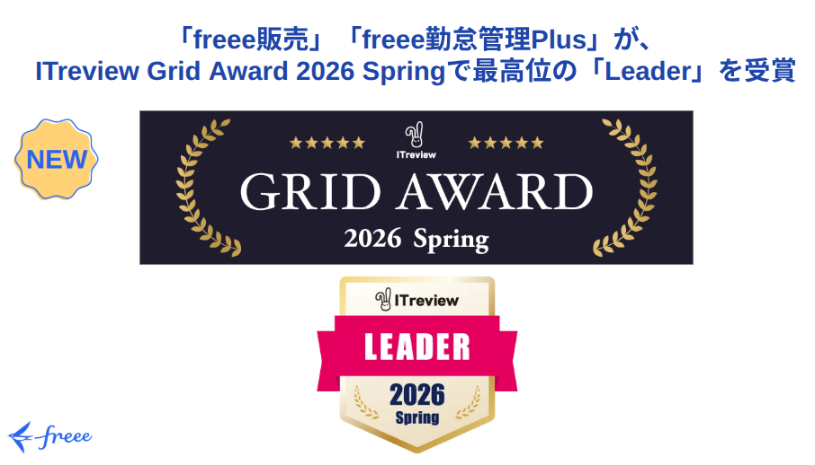 freee販売とfreee勤怠管理Plusが、ITreview Grid Award 2026 Springで最高位の「Leader」を受賞したことを知らせるバナー画像。ITreviewのロゴと「LEADER 2026 Spring」のバッジが表示されています。