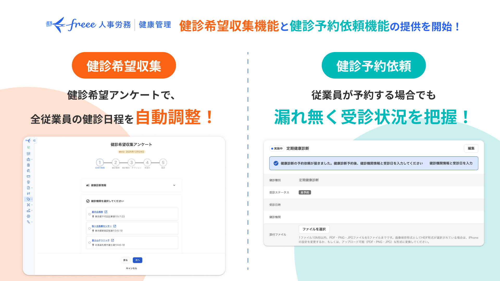freee人事労務が、「健診希望収集機能」と「健診予約依頼機能」の提供を開始したことを伝える画像です。
左側の「健診希望収集」機能では、健診希望アンケートを通じて、従業員全員の健診日程を自動調整します。
右側の「健診予約依頼」機能では、従業員が予約する場合でも、健診の受診状況を漏れなく把握できるようになります。
これにより、企業の人事担当者は従業員の健康診断に関する業務を効率化することができます。