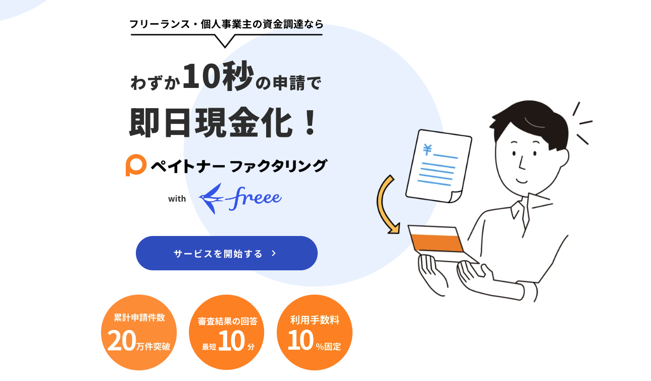 ＜フリーランス・個人事業主の資金調達なら＞わずか10秒の申請で即日現金化！「ペイトナーファクタリング with freee」のロゴ含む画像