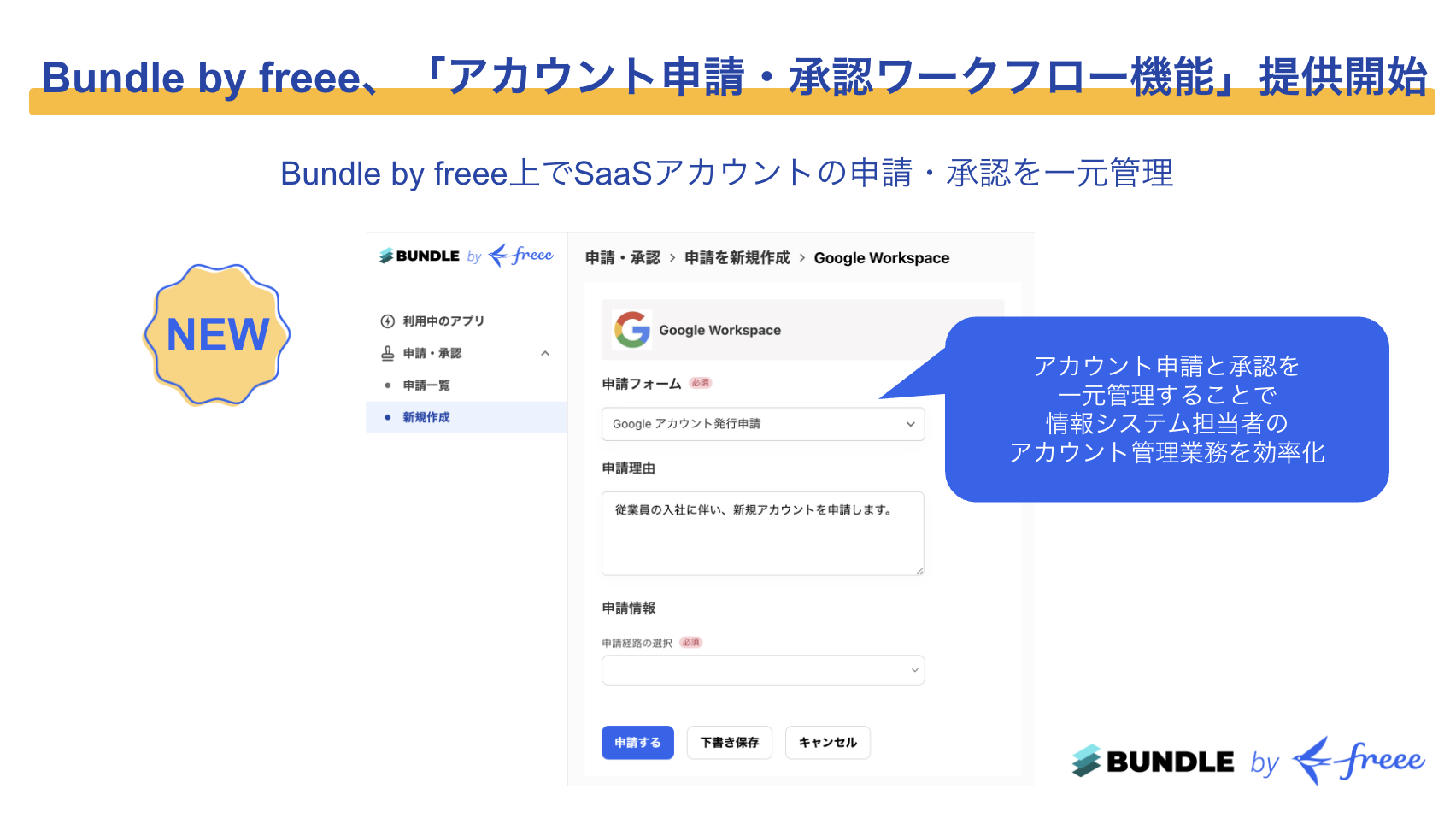 
情報システム担当者の業務効率化を支援する、Bundle by freeeの「アカウント申請・承認ワークフロー機能」の提供開始を伝える画像。Google Workspaceのアカウント申請画面を例に、申請�から承認までを一元管理できる様子が示されています。