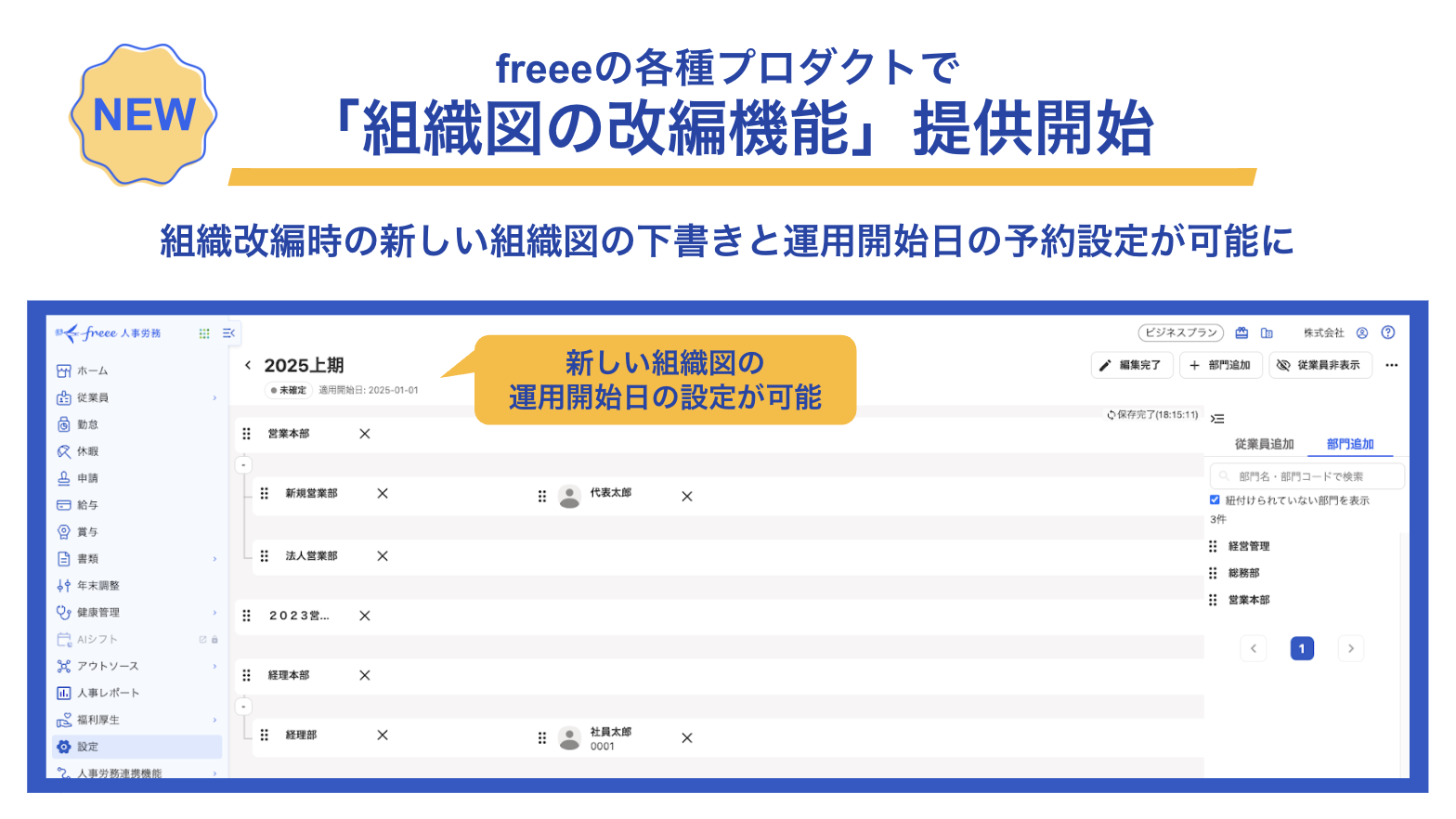 freeeの各種プロダクトにおける組織図の改編機能提供開始 - 新しい組織図の下書きと運用開始日の予約設定が可能と書かれた、画面のサンプル画像