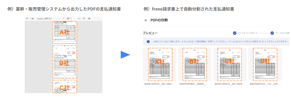 例：基幹・販売管理システムから出力したPDFの支払通知書と例：freee請求書上で自動分割された支払通知書の詳細画面