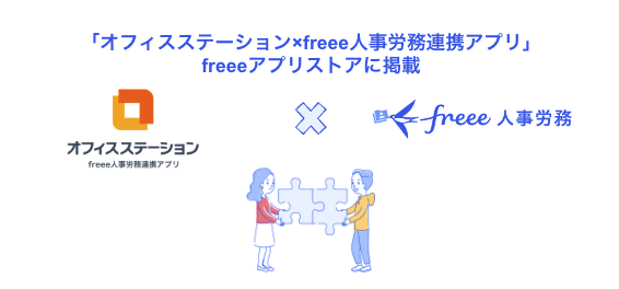 『「オフィスステーション×freee人事労務連携アプリ」freeeアプリストアに掲載』オフィスステーション、freee人事労務ロゴ含む画像