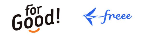 白背景に2つの企業ロゴが横 に並んでいます。左側には「for Good!」という黒い文字のロゴがあり、「Good」の「oo」の下にオレンジ色の笑顔のような曲線が描かれています。右側には、青い鳥のアイコンと、それと同じ青色で流れるような書体の「freee」という文字を組み合わせたロゴが配置されています。2つのブランドの協力関係や提携を示唆するシンプルな構成の画像です。
