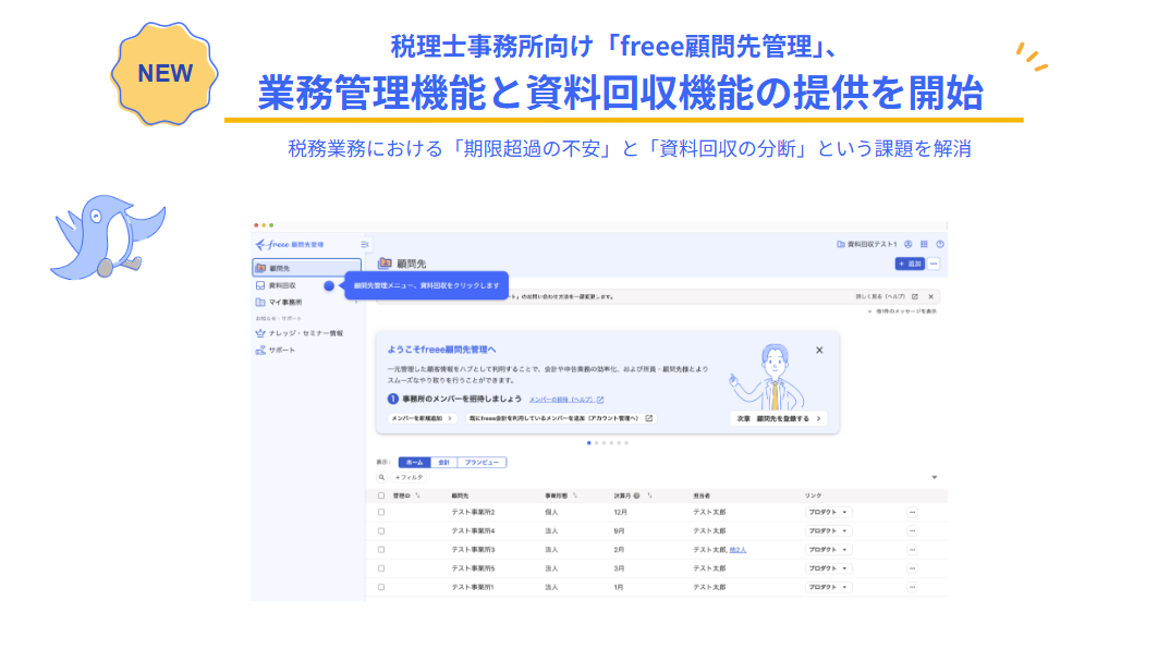 税理士事務所向け「freee顧問先管理」の業務管理・資料回収機能の提供開始を伝える案内画像。上部には「税務業務における『期限超過の不安』と『資料回収の分断』という課題を解消」というキャッチコピー、下部には実際のシステム操作画面のスクリーンショットが掲載されています。