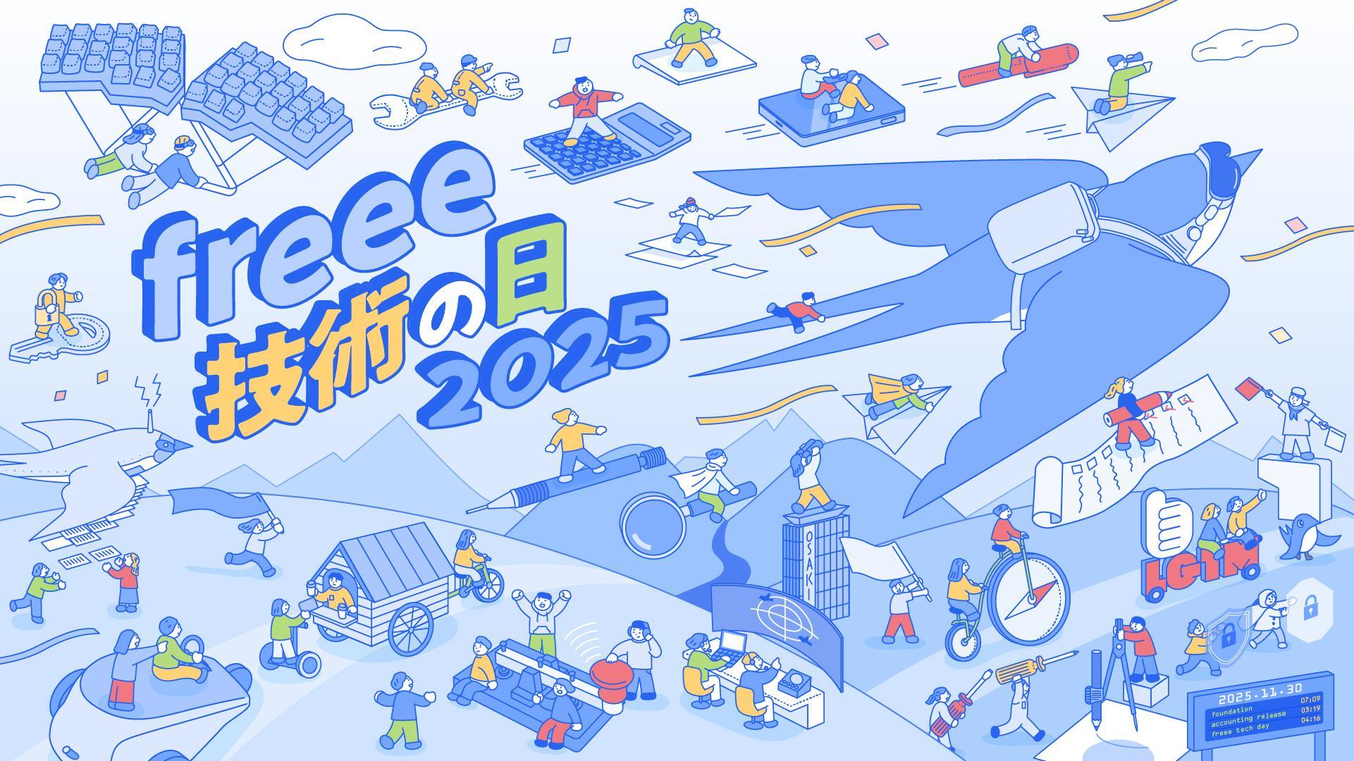 提供された画像は、freee株式会社が開催する「freee 技術の日 2025」のメインビジュアルのようです。
鮮やかな青と白を基調としたイラストレーションで、たくさんの小さな人々が様々な技術的な要素と関わっている様子が描かれています。中央には、大きく「freee 技術の日 2025」という文字が配置されています。
空には、大きな青い鳥のようなキャラクター(freeeのロゴマークに似た鳥)が、背中に荷物を乗せて飛んでいます。その周りでは、人々がキーボード、計算機、タブレット、大きな鉛筆、拡大鏡、コンパス、紙飛行機といったアイテムに乗ったり、操作したり、運んだりしています。イラスト全体は、技術的な創造性、協調性、そして楽しさを表現しているように見えます。
右下隅には、日付らしき「2025.11.30」と、時刻のような情報が小さく記載されています。技術と未来への進歩を感じさせる、活動的でポジティブなイメージのイラストです。