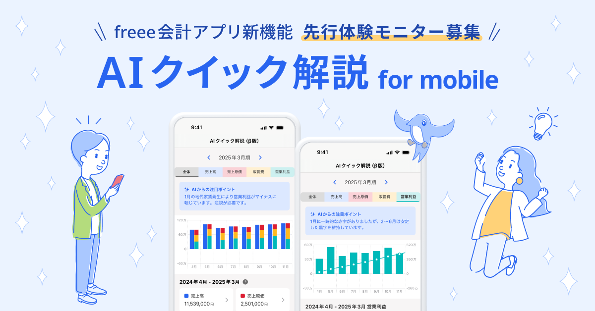 
明るい青空を背景に、青い文字で「freee会計アプリ新機能 先行体験モニター募集」と書かれたバナー画像です。中央には大きく「AIクイック解説 for mobile」と書かれています。

左側には、スマートフォ�ンを操作している女性のイラストがあります。女性は白いシャツに緑のジャケットを羽織り、水色のパンツを履いて、微笑んでいます。

中央には、スマートフォンの画面が2つ並んでいます。
左側の画面は棒グラフで、売上高と売上原価、営業利益が月ごとに表示されています。グラフの下には「2024年4月 - 2025年3月」という期間と、売上高と売上原価の金額が表示されています。画面の上部には、AIからの注目ポイントとして、「1月の売上原価発生により営業利益がマイナスに転じています。注視が必要です。」というメッセージが表示されています。
右側の画面は折れ線グラフで、同様に売上高、売上原価、営業利益が月ごとに表示されています。画面上部には「1月に一時的な赤字がありましたが、2〜6月は安定した黒字を維持しています。」というメッセージが表示されています。

右側には、両手を広げて笑顔を見せる女性のイラストがあります。女性は白いシャツに黄色のジャケットを羽織り、笑顔で何かを喜んでいるようです。その上には、翼を持つ青い鳥と電球のイラストが描かれています。