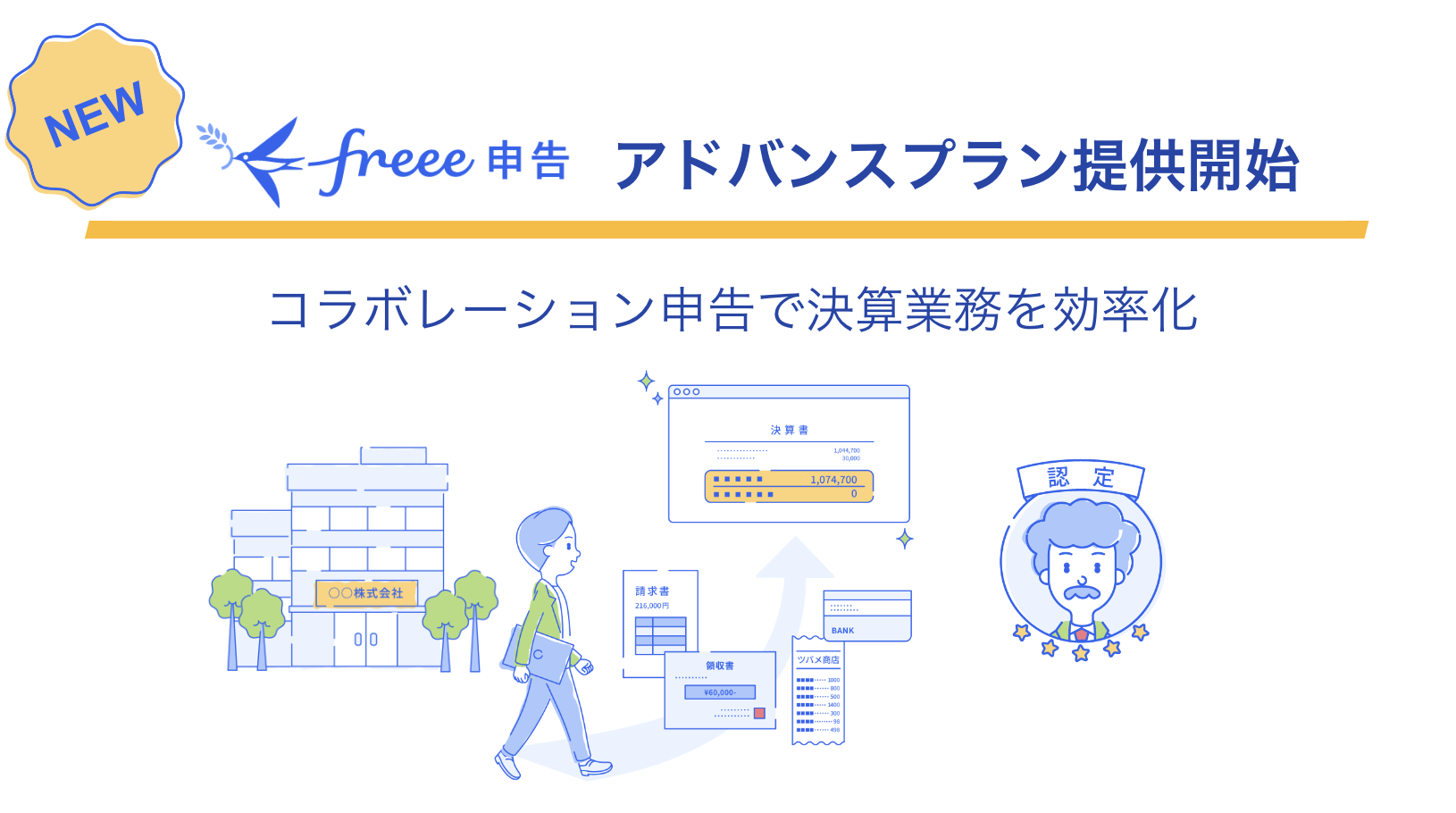 freee申告の新しいアドバンスプランの提供開始を知らせる画像。コラボレーション申告で決算業務を効率化。