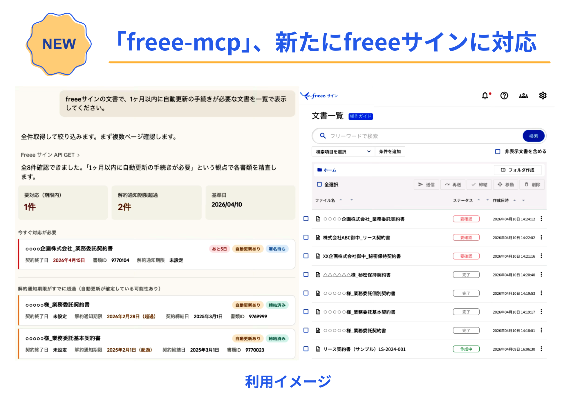 「freee-mcp」、新たにfreeeサインに対応。利用イメージ。左側にはAIエージェントが「1ヶ月以内に自動更新の手続きが必要な文書」を抽出・可視化しているチャット画面、右側にはfreeeサインの文書一覧画面が並んでいる。