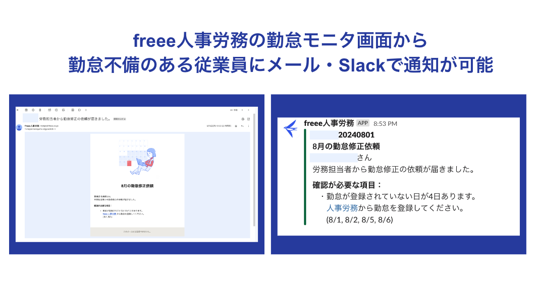 freee人事労務の勤怠モニター画面から、勤怠不備のある従業員にメール・Slackで通知が可能であることを示す画面。従業員の通知例が表示されている。