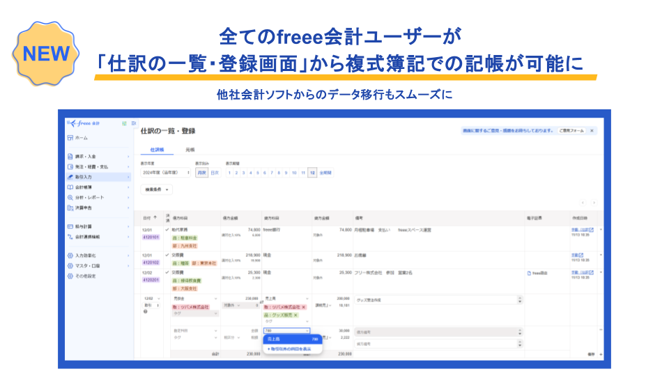 全てのfreee会計ユーザーが「仕訳の一覧・登録画面」から複式簿記での記帳が可能に - 他社会計ソフトからのデータ移行もスムーズに