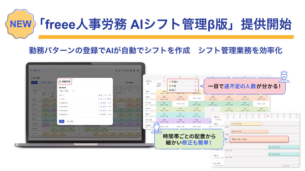 NEW！「freee人事労務 AIシフト管理β版」提供開始、勤務パターンの登録でAIが自動でシフトを作成　��シフト管理業務を効率化