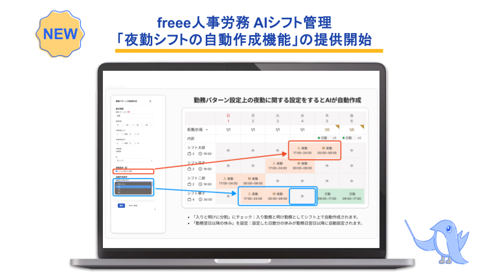 NEW!freee人事労務 AIシフト管理「夜勤シフトの自動作成機能」の提供開始。勤務パターン設定上の夜勤に関する設定をするとAIが自動作成する、詳細画面の画像