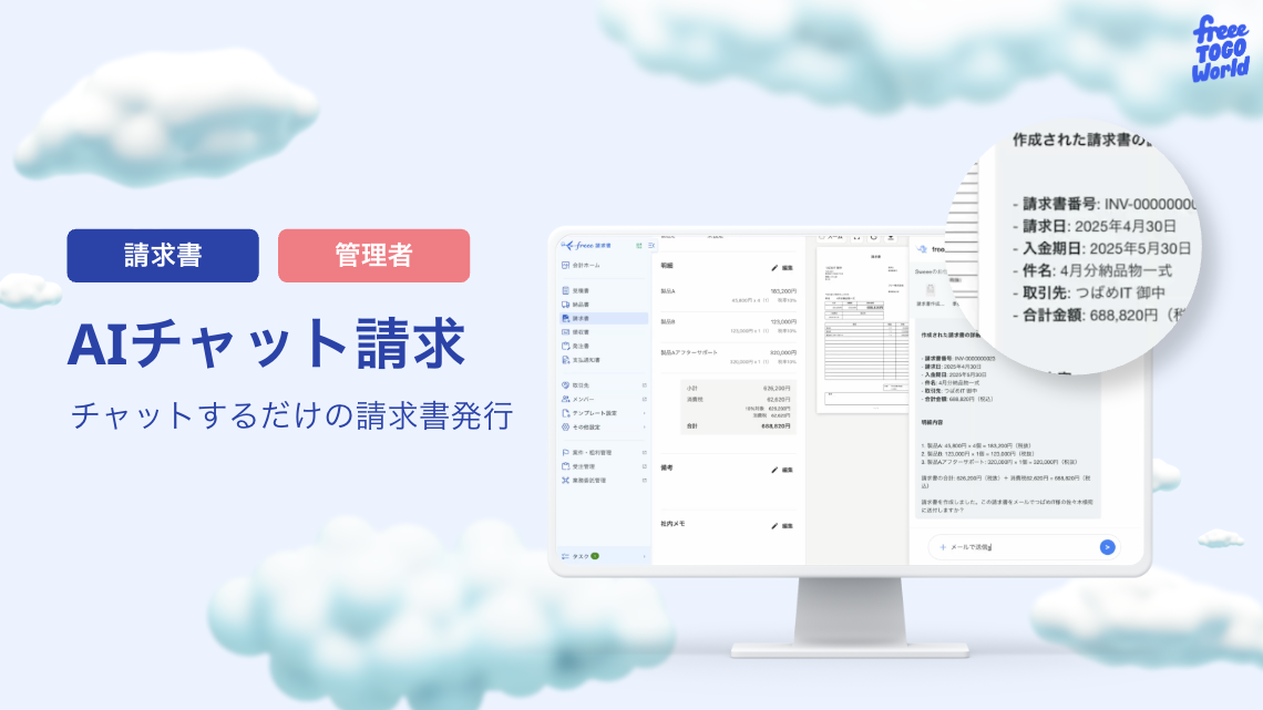 雲が浮かんでいる青空の画像。画面左側にはそれぞれ丸角の長方形の中に白い文字で、左から青色の長方形：「請求書」、桃色の長方形：「管理者」と記載されています。その下には大きく青色の文字で「AIチャット請求 チャットするだけの請求書発行」と記載されています。画面右側にはモニター画面から見た「AIチャット請求」の詳細が示されています。画面右上の端にはfreee TOGO Worldのロゴ画像があります。