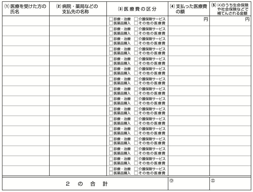 医療費控除の明細書 医療費(1以外)の明細