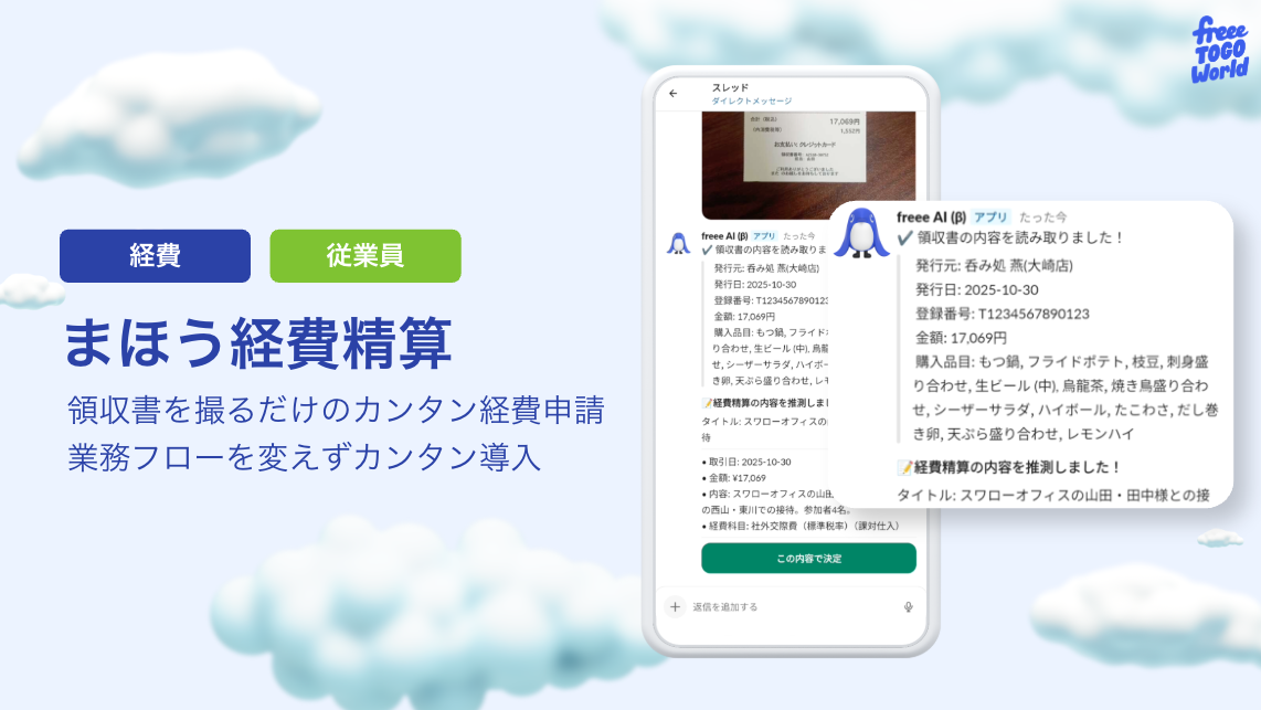 雲が浮かんでいる青空の画像。画面左側にはそれぞれ丸角の長方形の中に白い文字で、左から青色の長方形：「経費」、黄緑色の長方形：「従業員」と記載されてい�ます。その下には大きく青色の文字で「まほう経費精算 領収書を撮るだけのカンタン経費申請 業務フローを変えずカンタン導入」と記載されています。画面右側にはスマホから見た「まほう経費精算」の詳細が示されています。画面右上の端にはfreee TOGO Worldのロゴ画像があります。