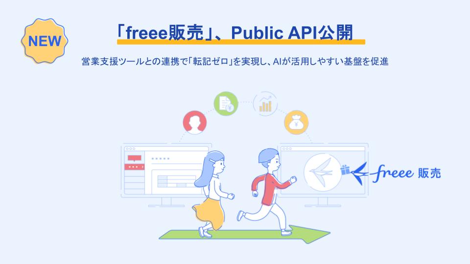 「freee販売、Public API公開」というキャッチコピーのバナー。サブタイトルに「営業支援ツールとの連携で『転記ゼロ』を実現し、AIが活用しやすい基盤を促進」と記載。PCや人物、データのアイコンが描かれたイラストが添えられています。