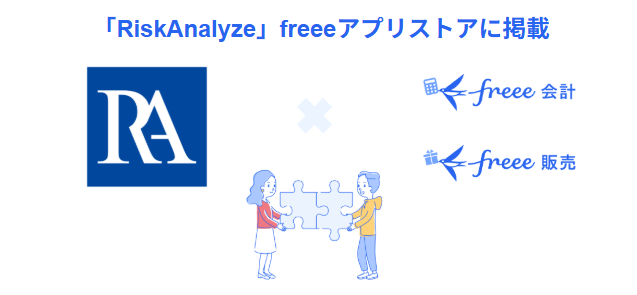 「RiskAnalyze」がfreeeアプリストアに掲載されたことを示す画像です。左側には「RA」のロゴマーク、右側にはfreee会計とfreee販売のロゴマークがあり、中央では男女二人がパズルのピースを組み合わせているイラストが描かれ、システム連携による相乗効果を表現しています。