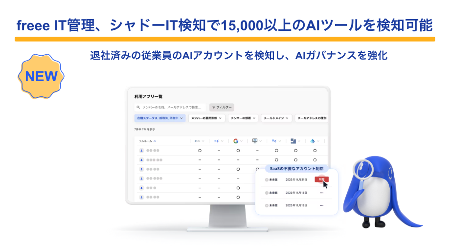 freee IT管理、シャドーIT検知で15,000以上のAIツールを検知可能。退社済みの従業員のAIアカウントを検知し、AIガバナンスを強化。管理画面のイラストと虫眼鏡を持ったペンギンのキャラクターが描かれている。