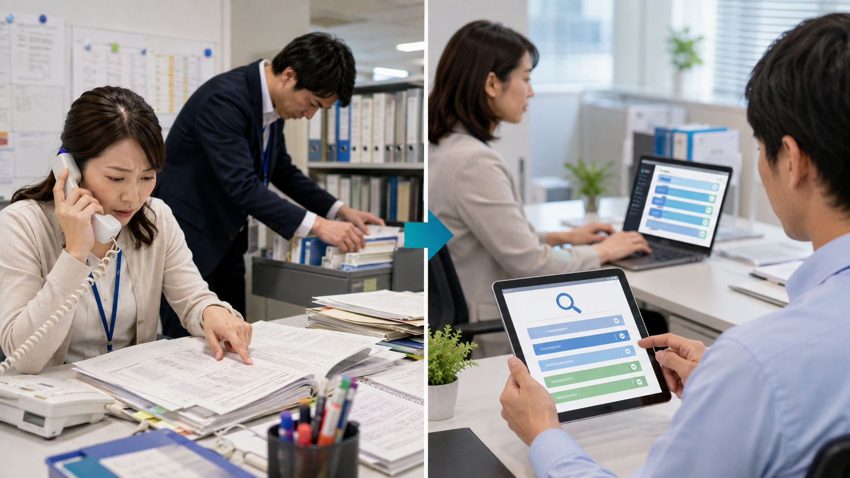 個別の回答資料を探す場面と、利用者がFAQを検索し担当者が共有ナレッジを更新する運用を対比したAI生成イメージ。実際のお客様の人物・施設・システム画面ではありません。
