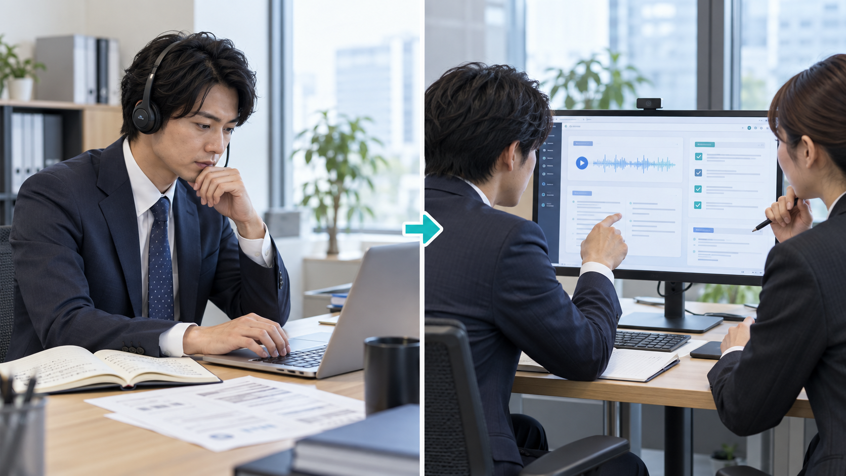 商談録音を聞きながら手入力する場面と、AIによる要約・評価フィードバックを顧客管理画面で確認する運用を対比したAI生成イメージ。実際のお客様の人物・施設・システム画面ではありません。