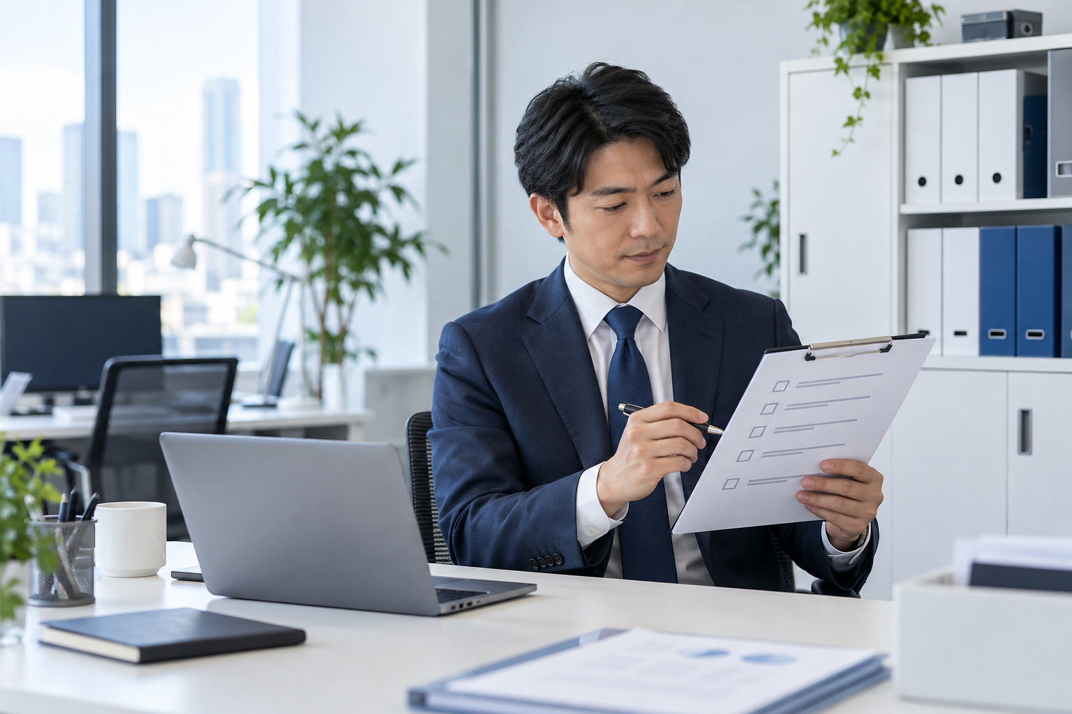 整理された保管棚とノートパソコンのそばで、確認リストを見直す様子のAI生成イメージ