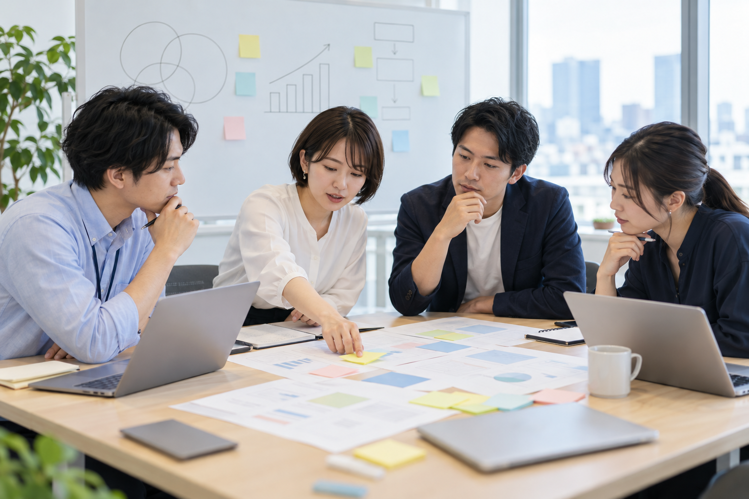 少人数のチームが、複数の選択肢を比べながら話し合っている様子のAI生成イメージ