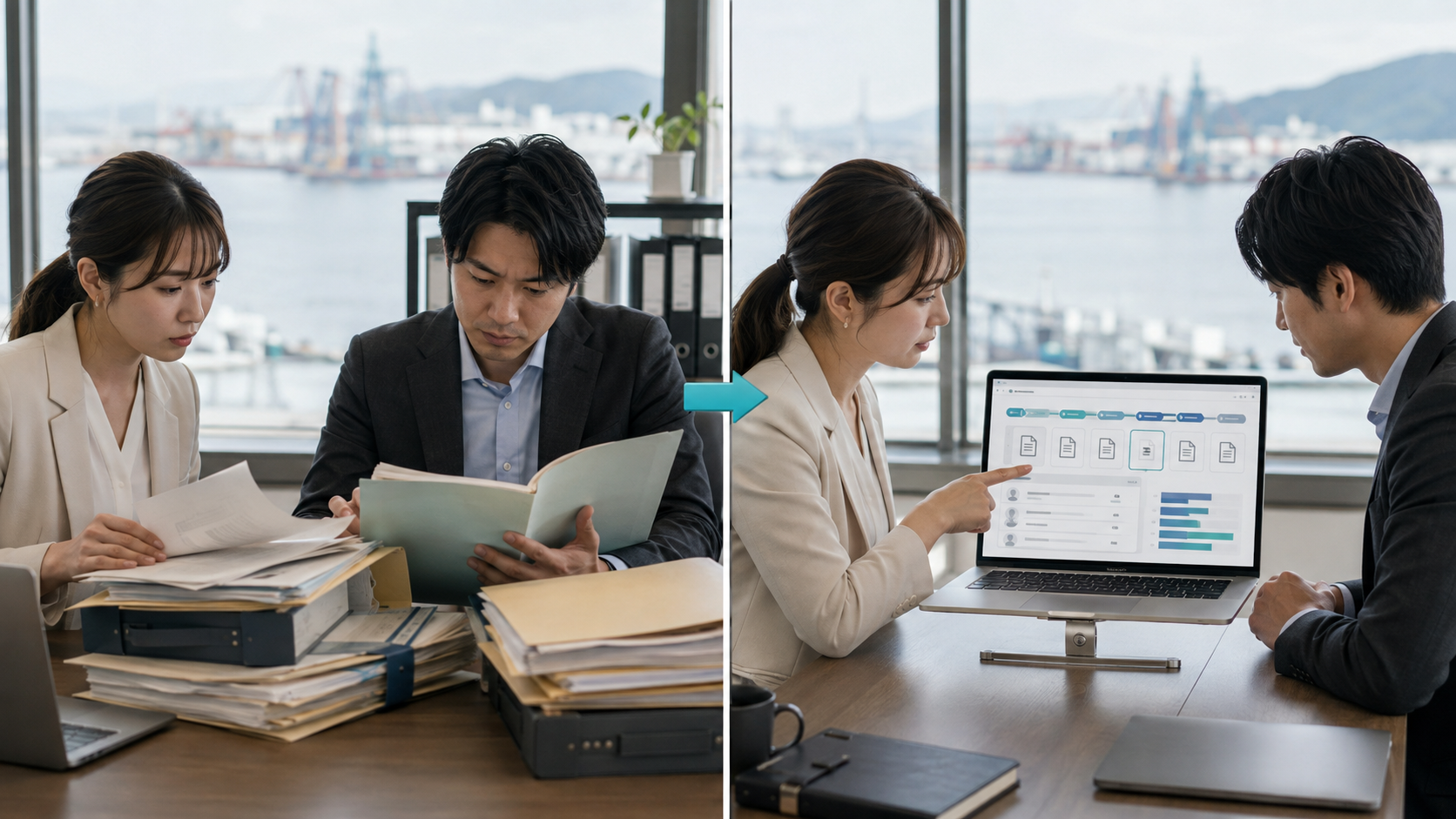 別々の契約資料を探す場面と、契約更新や過去の活動履歴を一画面で確認する運用を対比したAI生成イメージ。実際のお客様の人物・施設・システム画面ではありません。