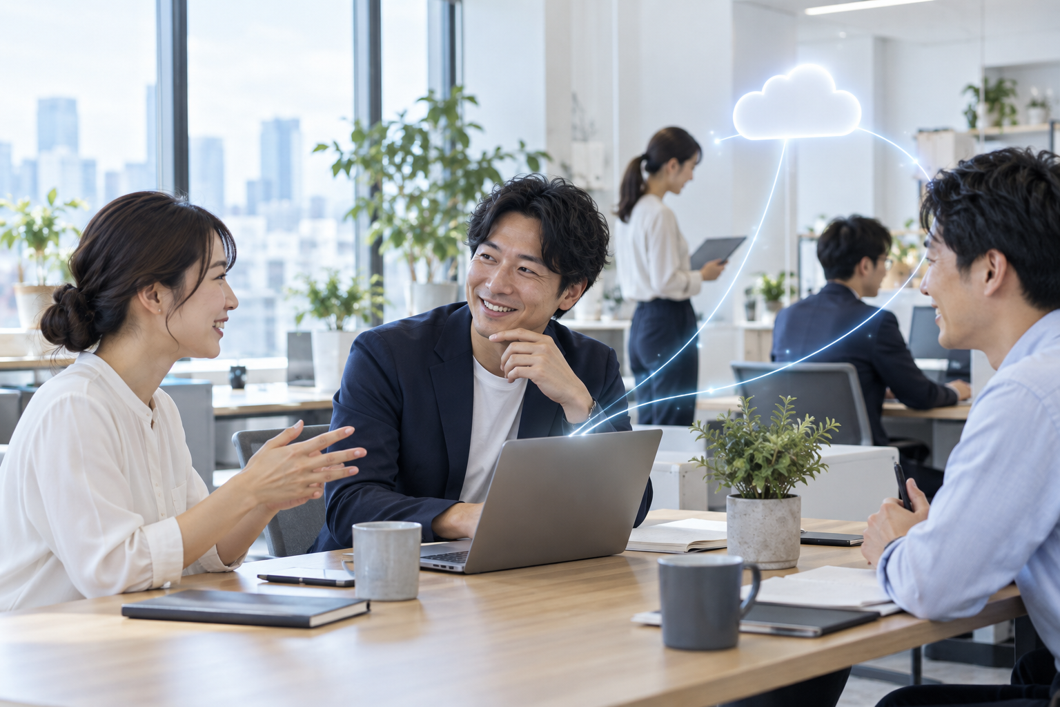 手入力ではなく、データが自動で流れる中小企業のオフィスを表したAI生成イメージ