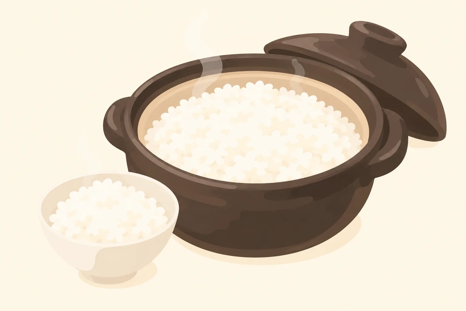 蓋を開けた黒い土鍋に炊き立てごはんを盛った挿絵