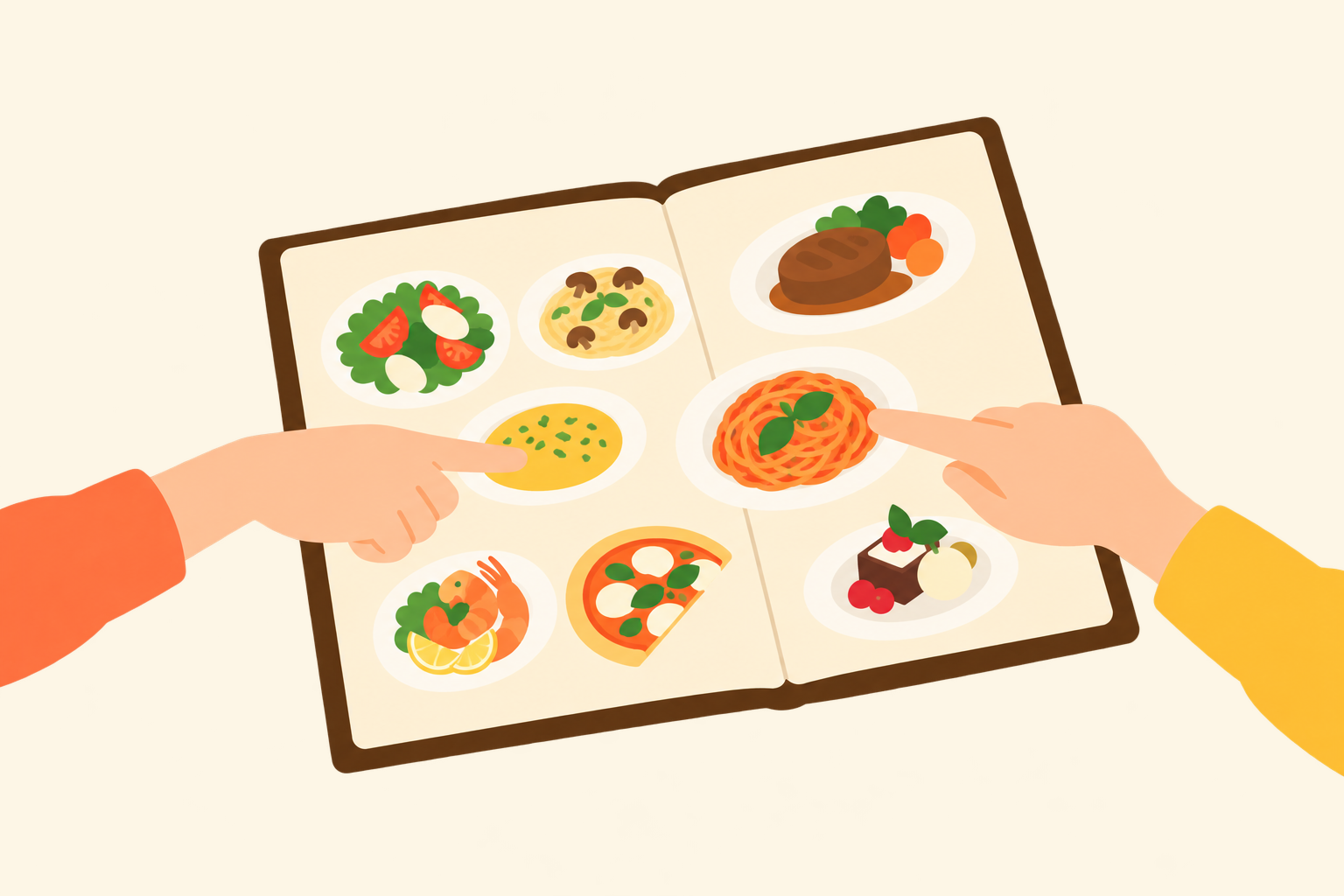 料理の絵が載ったメニューを2人で指さす挿絵