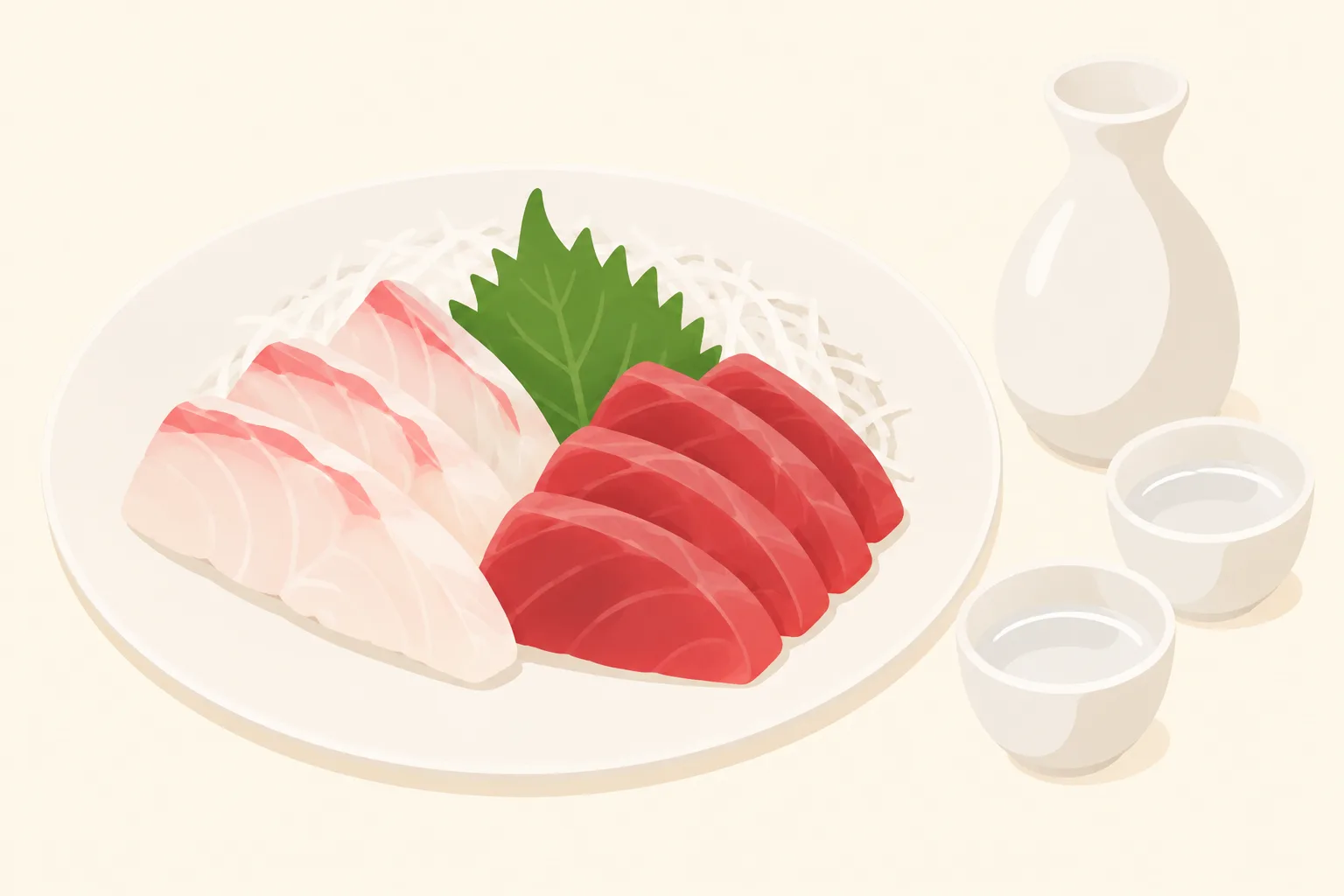 鮮魚の刺身と無地の徳利、お猪口の挿絵