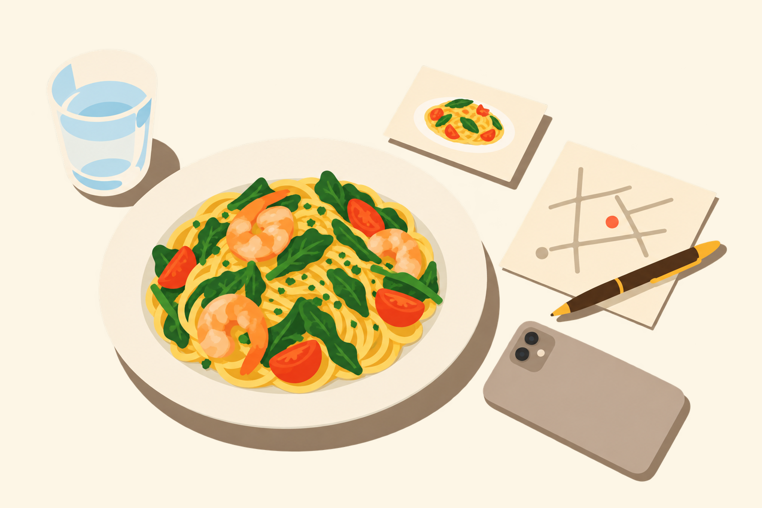 ショップカードと地図のメモ、ボールペンの挿絵