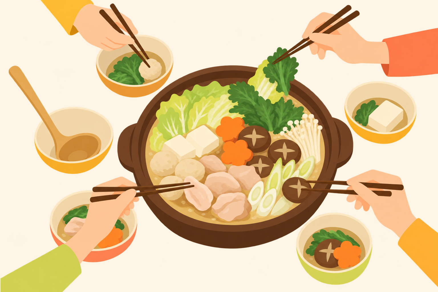 4人で土鍋の寄せ鍋を囲む食卓の挿絵