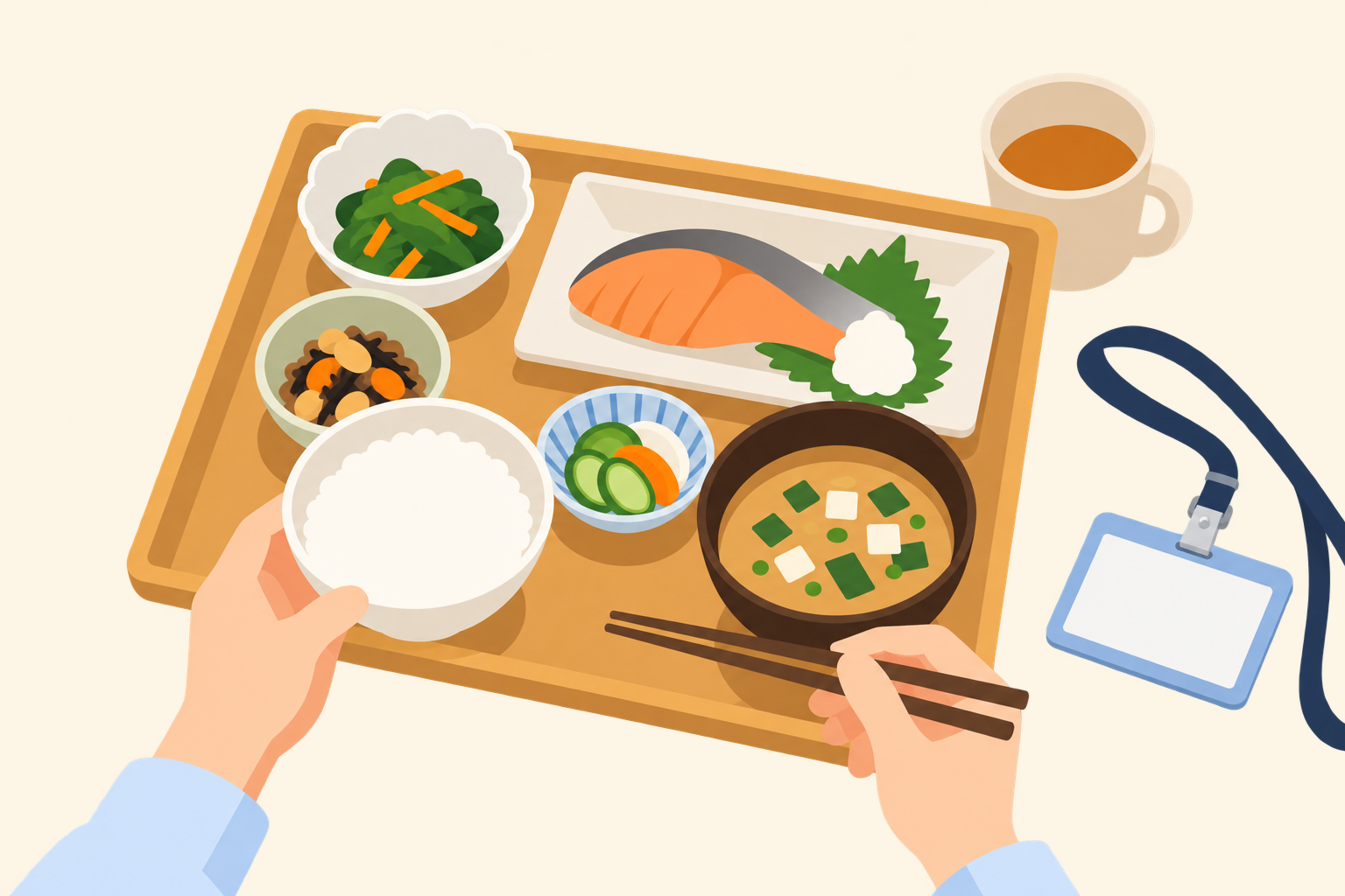 日替わり定食と文字のない社員証の挿絵