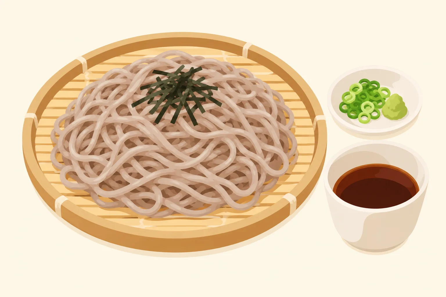 竹ざるに盛った手打ち蕎麦とつゆの挿絵