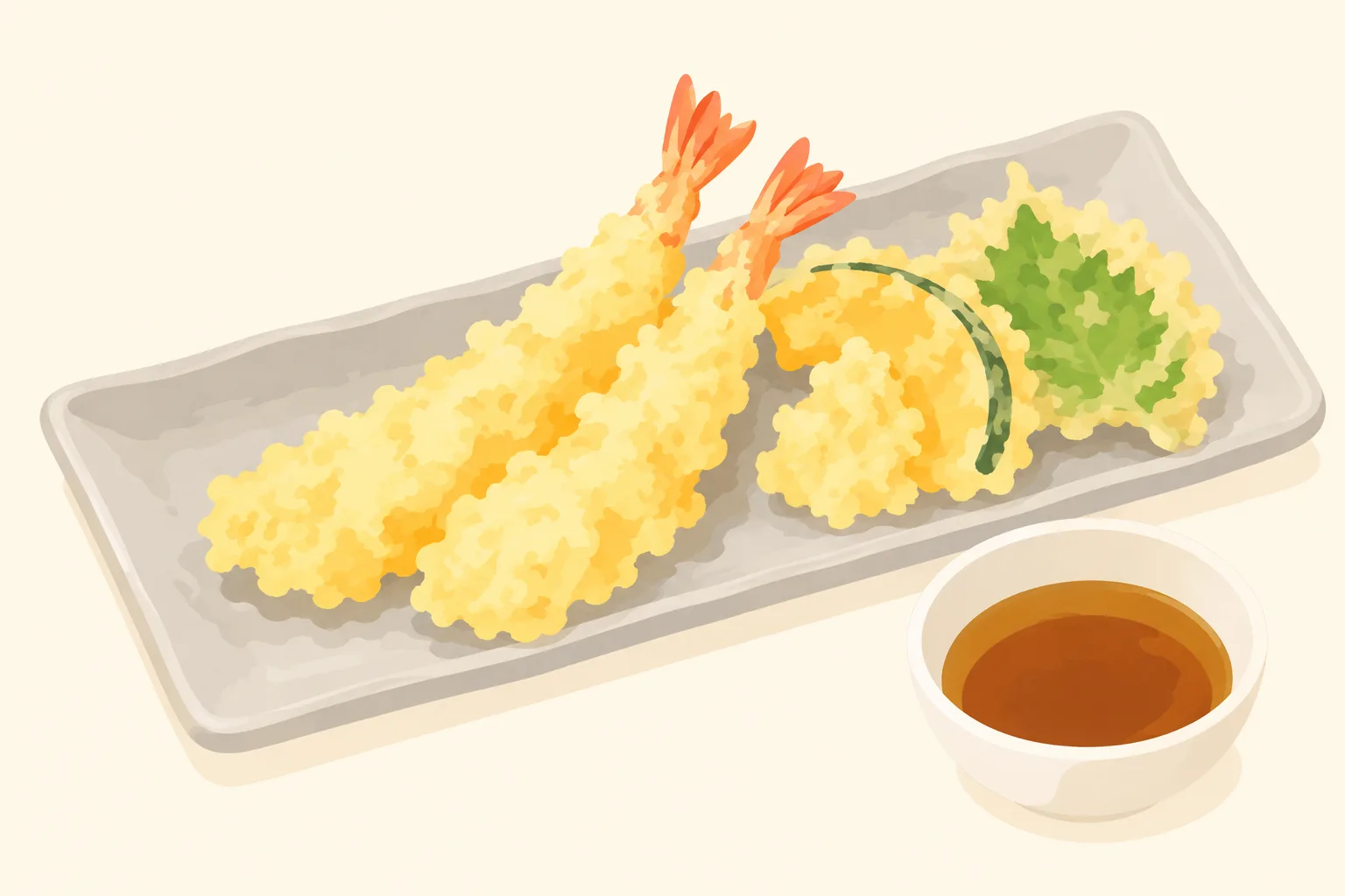細長い皿に揚げたての天ぷらを並べた挿絵