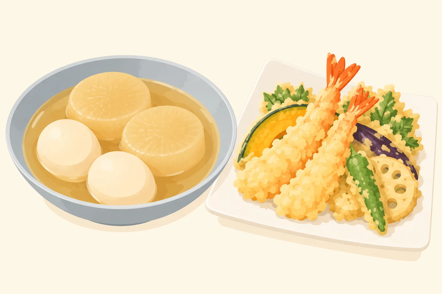 大根と玉子のおでん、海老と野菜の天ぷらの挿絵
