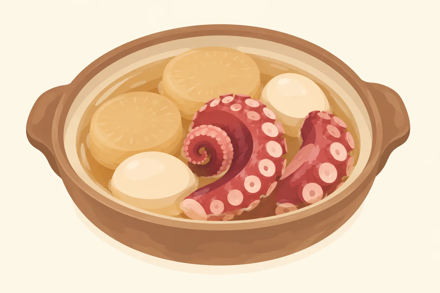 タコの足が入った出汁のおでんを土鍋に盛った挿絵