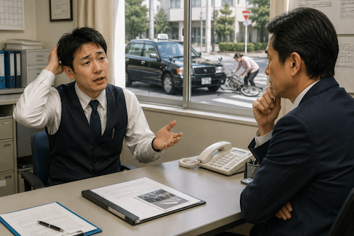 ドライバーが事故発生後に運行管理者へ報告しているイメージ