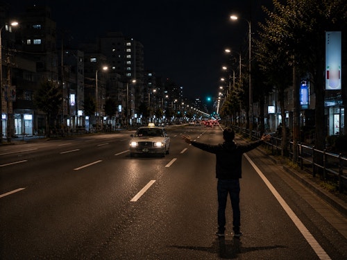 深夜の道路で人が両手を広げて車を止めようとしている状況を示すイメージ
