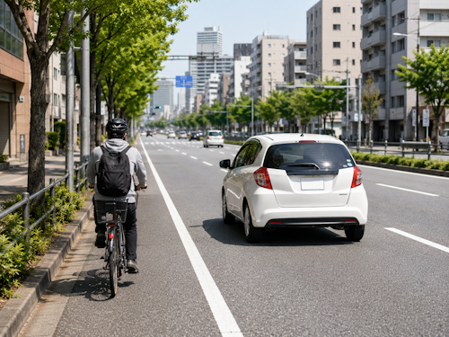 道路脇を走行する自転車を車が追い抜いている状況を示すイメージ