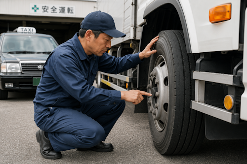トラックのタイヤを点検しているドライバーのイメージ