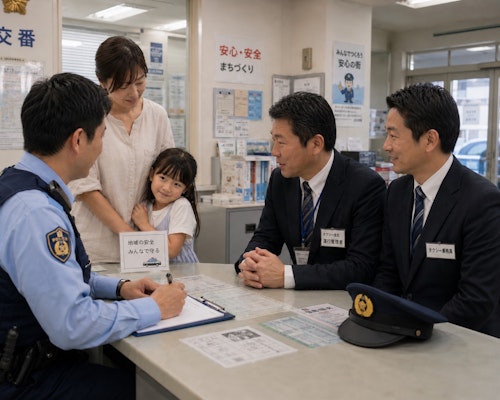 道路へ飛び出した子どもの安全を関係者が確認している状況を示すイメージ