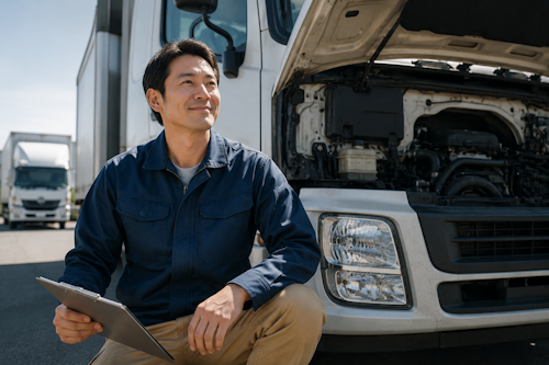 車両点検を終えて安心した表情を見せるドライバーのイメージ
