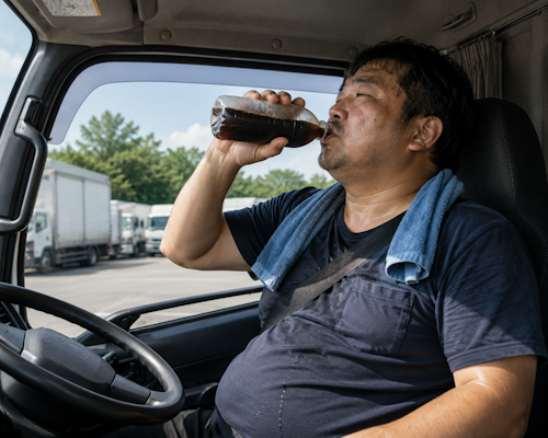 トラック運転手が飲み物を摂取して休憩している状況を示すイメージ
