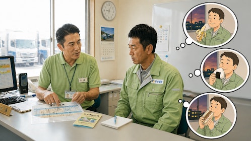 運行管理者がドライバーに夜遅い日の分食を指導し、夕方にバナナやおにぎり、サンドイッチを食べてドカ食いを防ぐイメージ